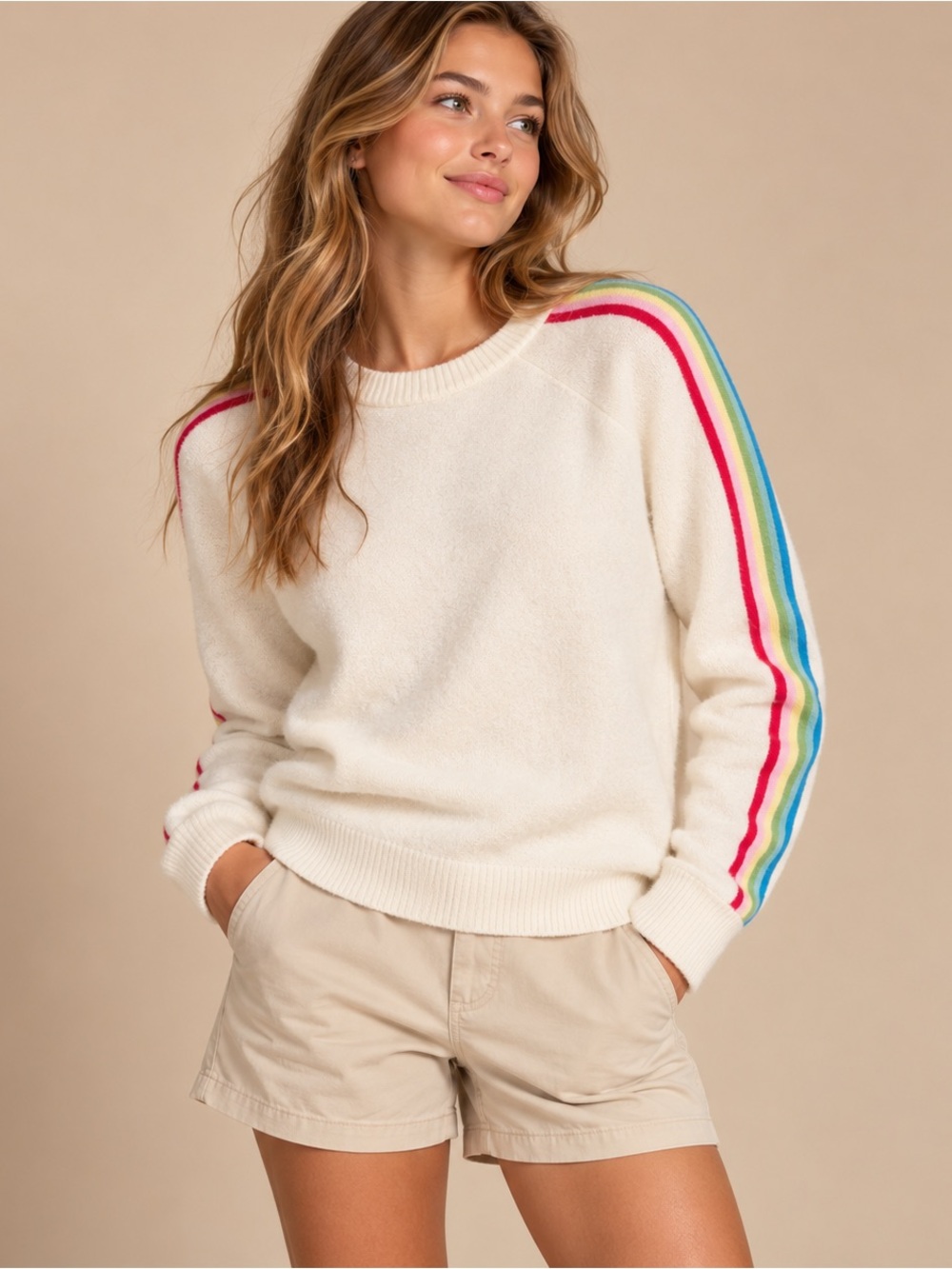 Mazik White Rainbow Stripe Sleeve Knit Sweater Womenโs L